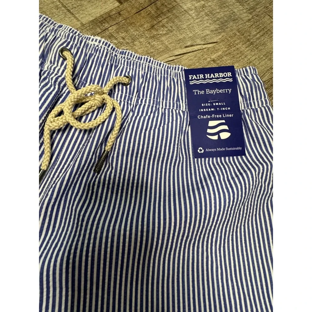 Fair Harbor The Bayberry Swim Trunks Blue White Seersucker Stripe Mens Small